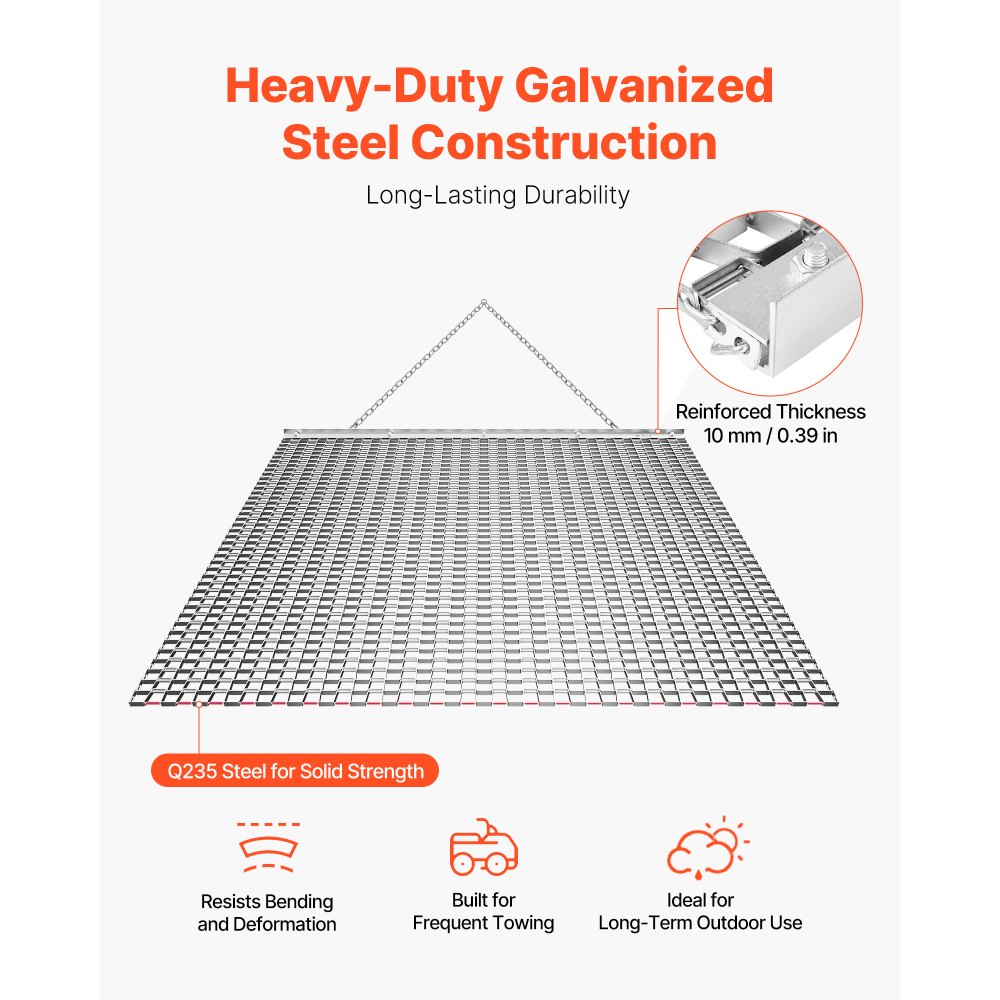 VEVOR Drag Harrow, 1.2x1.2 m , High-Efficiency Chain Harrow Rake, ATVs UTVs Tractors Attachments, Durable Galvanized Steel Mesh Drag Mat with Towing Chain, for Gravel Driveway Ruts Farm Field Leveling