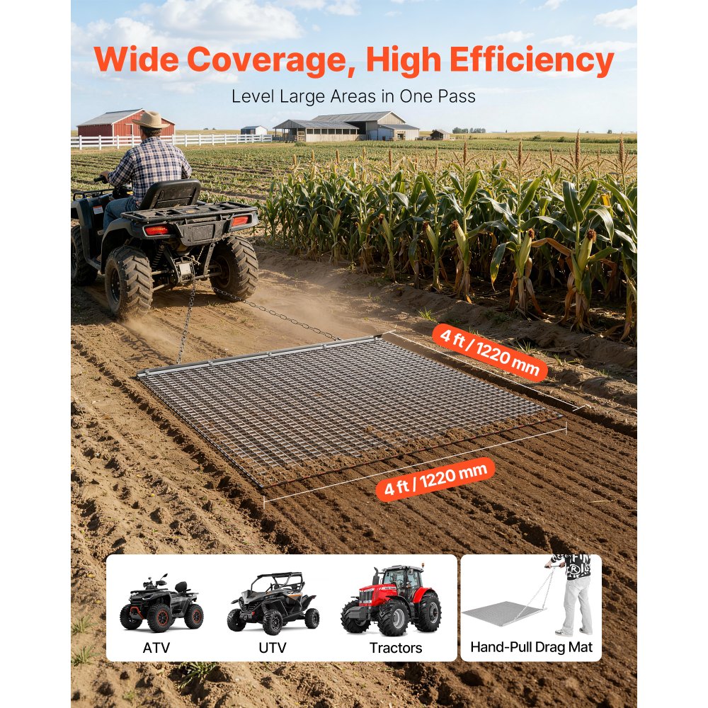 VEVOR Drag Harrow, 1.2x1.2 m , High-Efficiency Chain Harrow Rake, ATVs UTVs Tractors Attachments, Durable Galvanized Steel Mesh Drag Mat with Towing Chain, for Gravel Driveway Ruts Farm Field Leveling