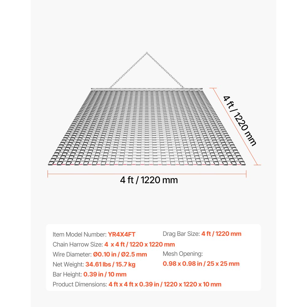 VEVOR Drag Harrow, 1.2x1.2 m , High-Efficiency Chain Harrow Rake, ATVs UTVs Tractors Attachments, Durable Galvanized Steel Mesh Drag Mat with Towing Chain, for Gravel Driveway Ruts Farm Field Leveling