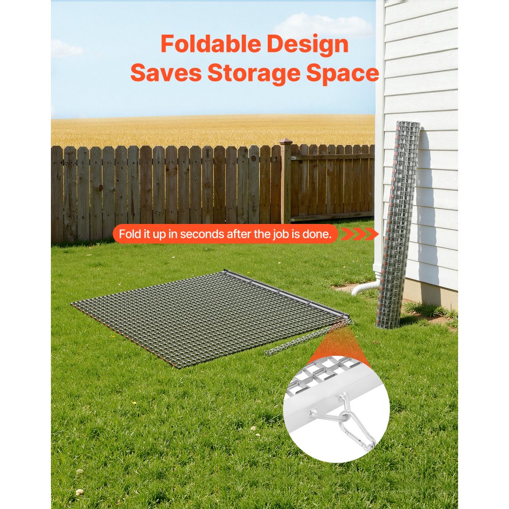 VEVOR Drag Harrow, 1.2x1.2 m , High-Efficiency Chain Harrow Rake, ATVs UTVs Tractors Attachments, Durable Galvanized Steel Mesh Drag Mat with Towing Chain, for Gravel Driveway Ruts Farm Field Leveling