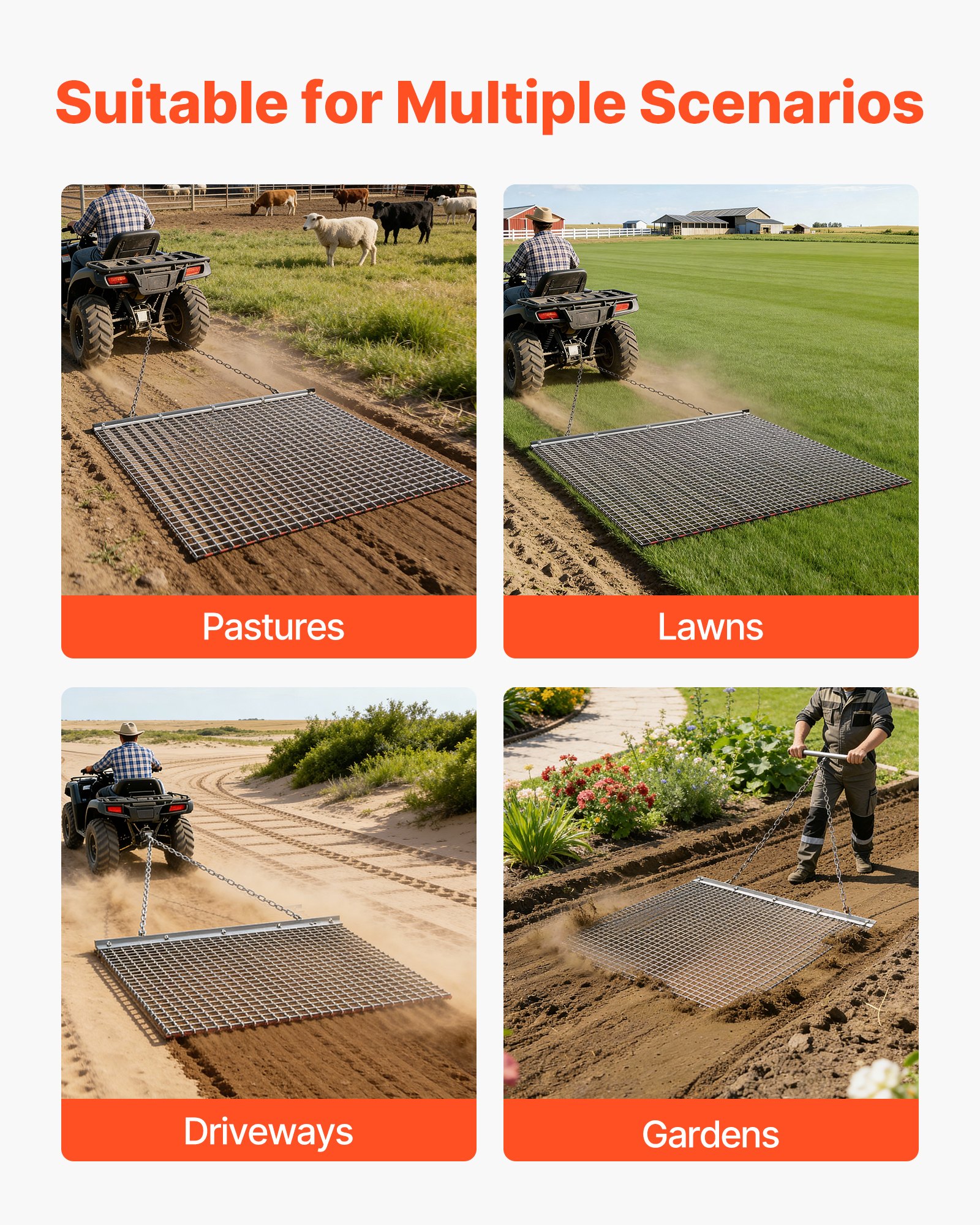 VEVOR Drag Harrow, 1.2x1.2 m , High-Efficiency Chain Harrow Rake, ATVs UTVs Tractors Attachments, Durable Galvanized Steel Mesh Drag Mat with Towing Chain, for Gravel Driveway Ruts Farm Field Leveling