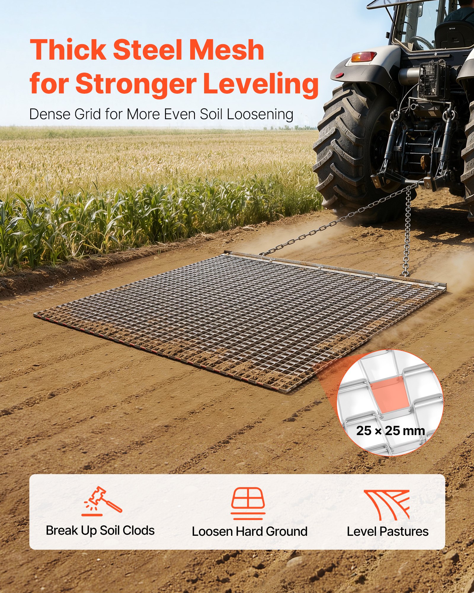 VEVOR Drag Harrow, 1.2x1.2 m , High-Efficiency Chain Harrow Rake, ATVs UTVs Tractors Attachments, Durable Galvanized Steel Mesh Drag Mat with Towing Chain, for Gravel Driveway Ruts Farm Field Leveling