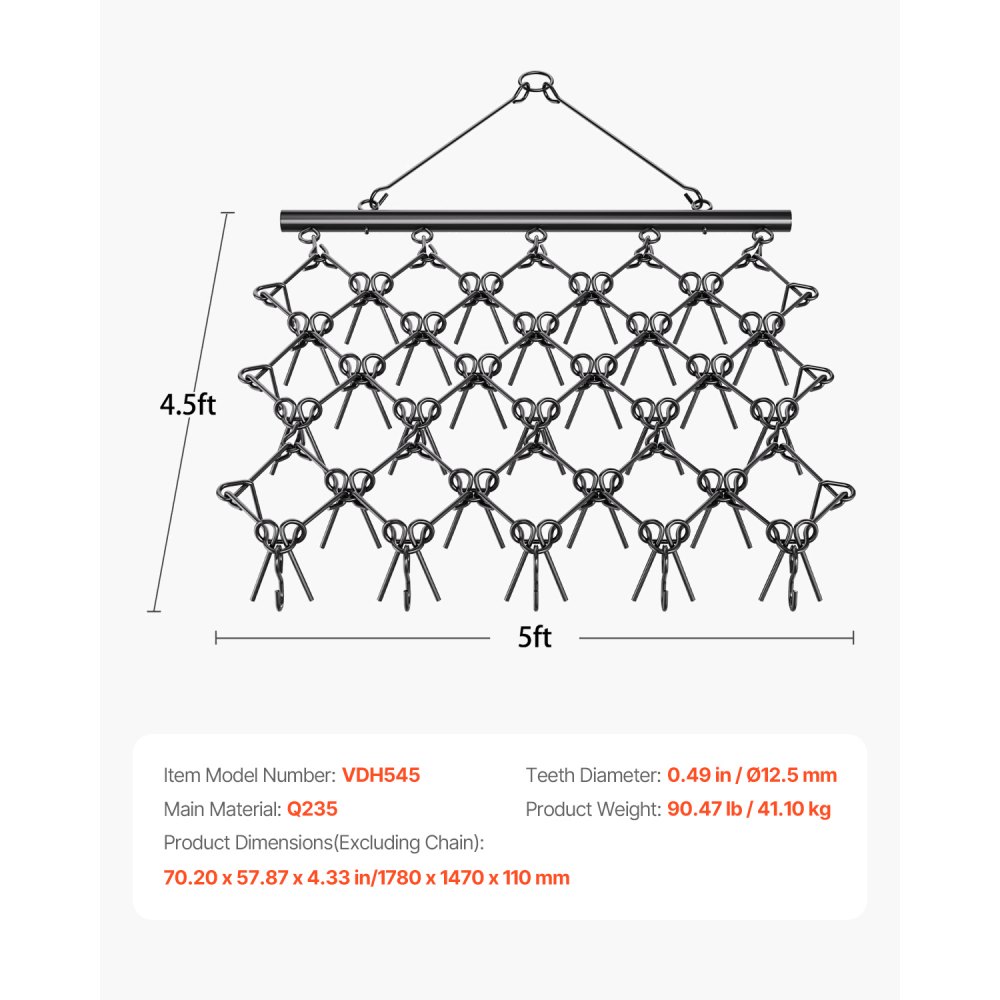 VEVOR Drag Harrow, 5 x 4.5 ft Durable Chain Harrow with 60 Sharp Teeth, Suitable for ATV UTV Tractor, Ideal for Soil Preparation, Seeding, Smoothing Landscapes, and Yard Gravel Driveway Maintenance