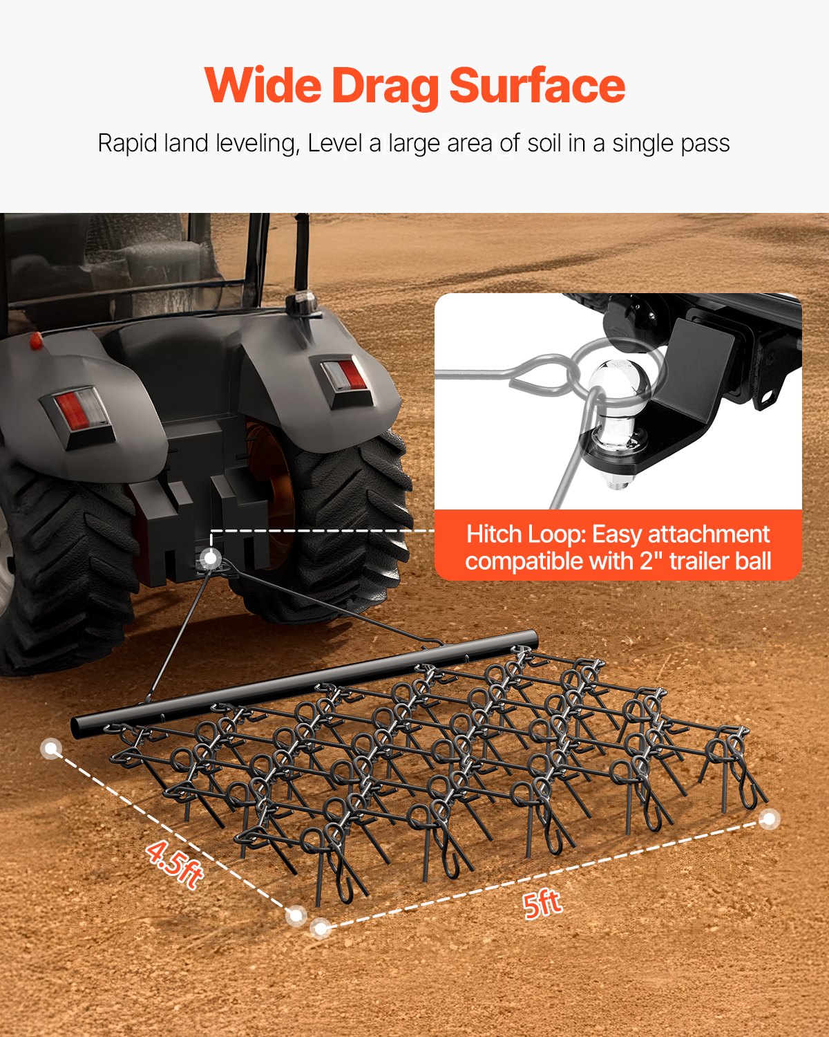 VEVOR Drag Harrow, 5 x 4.5 ft Durable Chain Harrow with 60 Sharp Teeth, Suitable for ATV UTV Tractor, Ideal for Soil Preparation, Seeding, Smoothing Landscapes, and Yard Gravel Driveway Maintenance