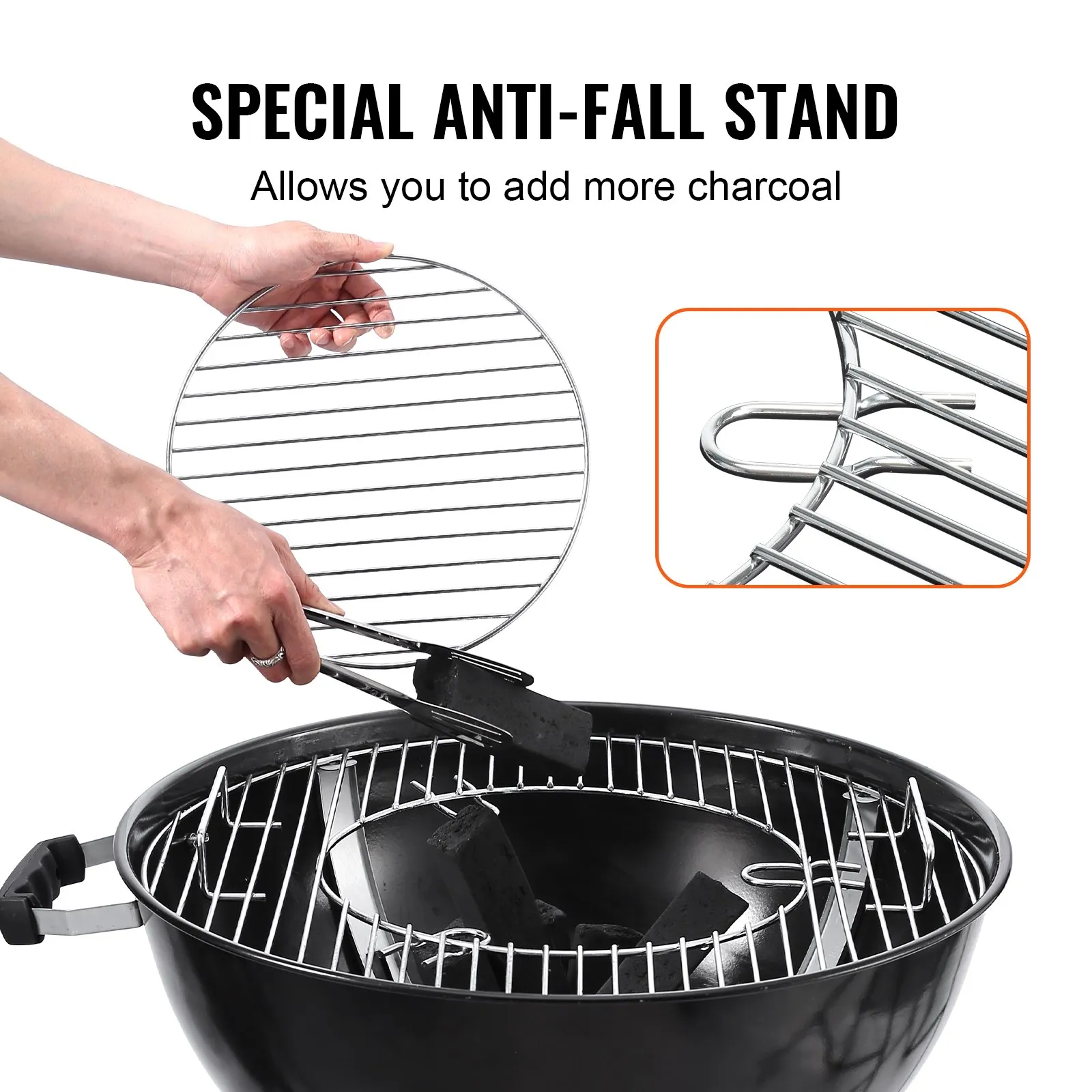 adding charcoal to a VEVOR grill with a removable anti-fall stand.