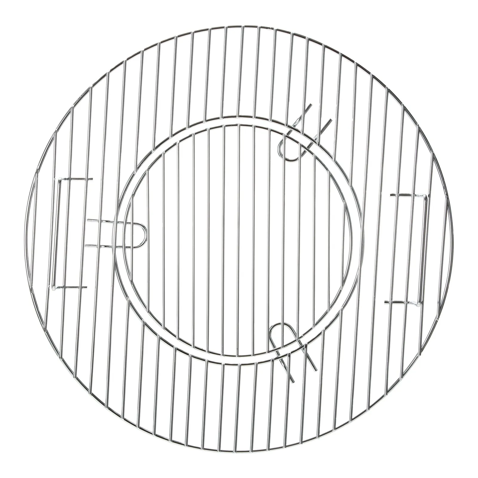 round stainless steel VEVOR cooking grate with a removable center section and side handles.