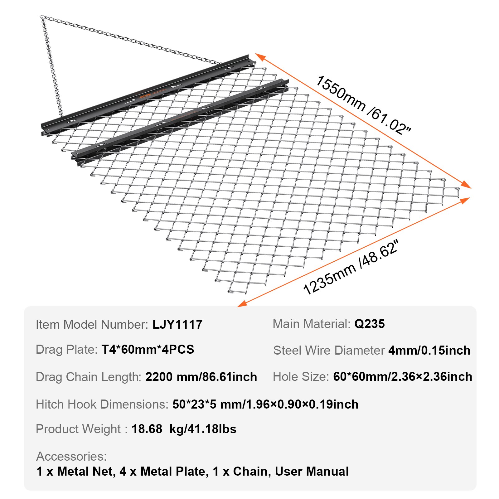 VEVOR Drag Harrow, 4' x 5' ATV Chain Harrow, Q235 Steel UTV Tractor Attachments Field Drag Mat for Landscape Leveling or Sod Prepping, Towable Harrow Rake Grader for Gravel Driveway, Farm, Field