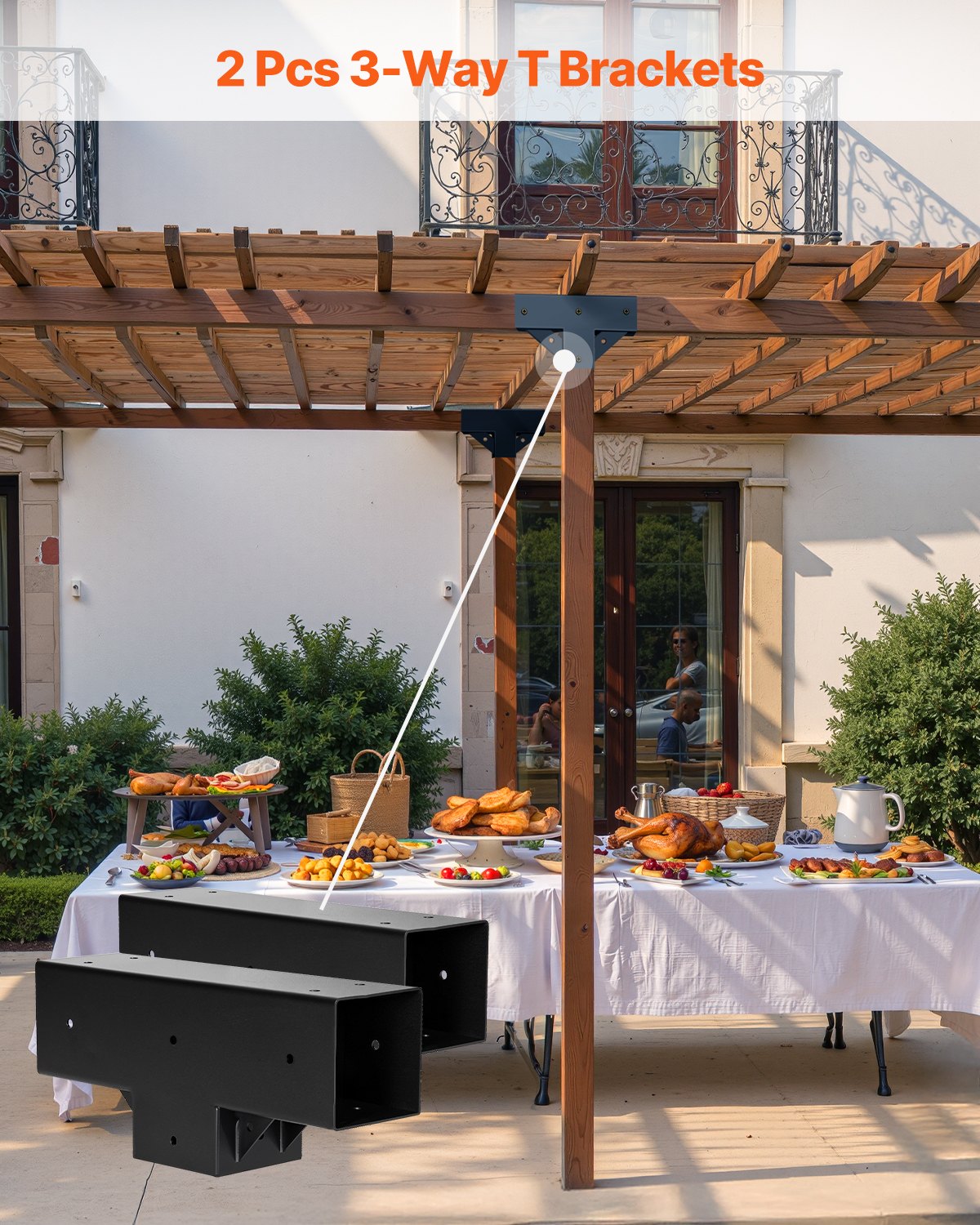 VEVOR Pergola Kit 2-Pack, T-Shaped 4x4 (Actual 3.5x3.5 Inch), 3-Way Pergola Brackets DIY Woodworking Gazebo Bracket Kit with Screws for 3.5x3.5 Inch Wood Beams in Actual Size for Outdoor Party Banquet