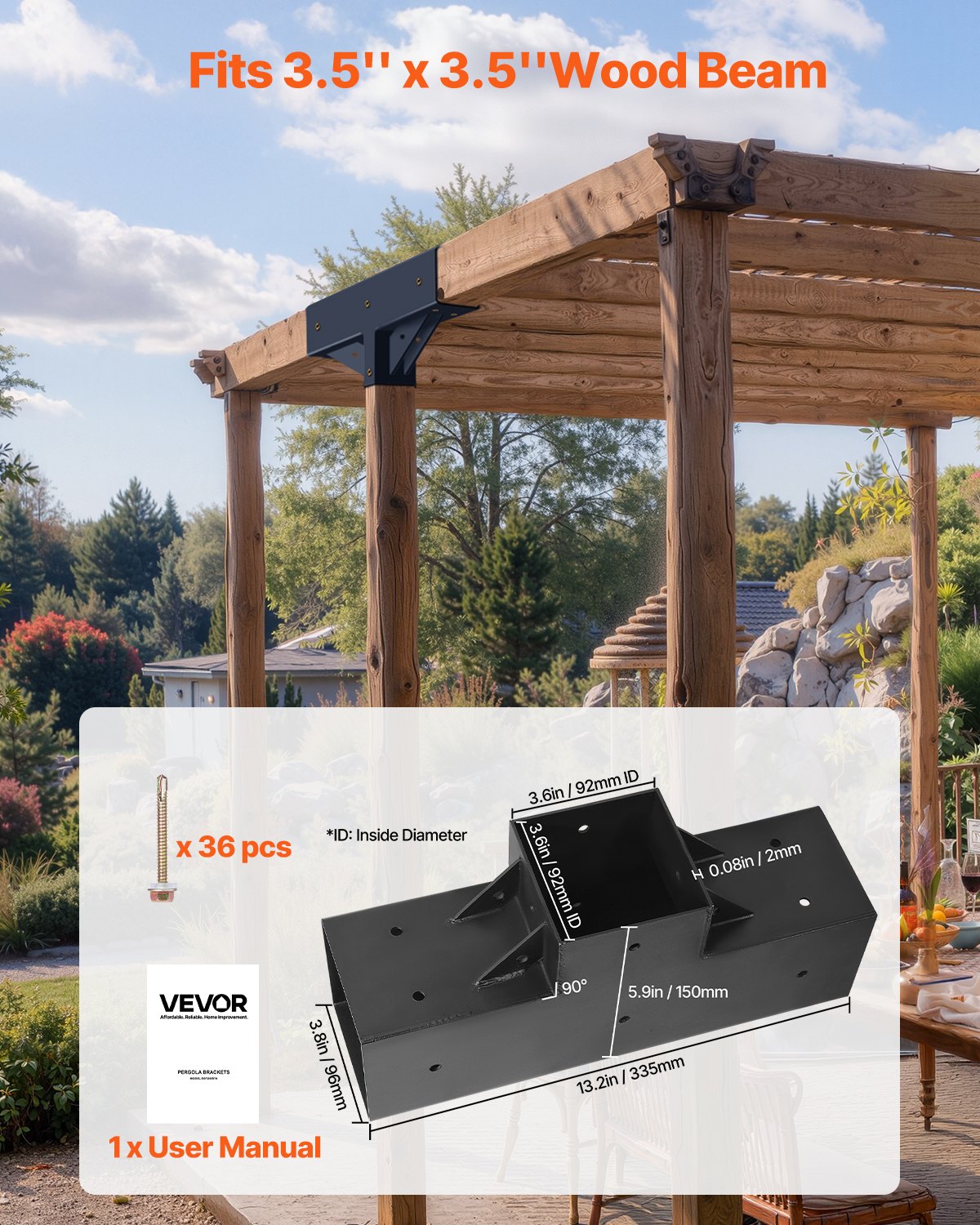 VEVOR Pergola Kit 2-Pack, T-Shaped 4x4 (Actual 3.5x3.5 Inch), 3-Way Pergola Brackets DIY Woodworking Gazebo Bracket Kit with Screws for 3.5x3.5 Inch Wood Beams in Actual Size for Outdoor Party Banquet