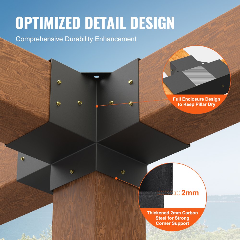VEVOR Pergola Bracket Kit 6''x6''(Inner Size 5.6x5.6), 2pcs 4-Way Heavy Duty Corner Bracket Woodworks DIY Post Base Kit, Easy Installation Wooden Beams for Gazebos, Patio Pergolas, Log Cabin Outdoor