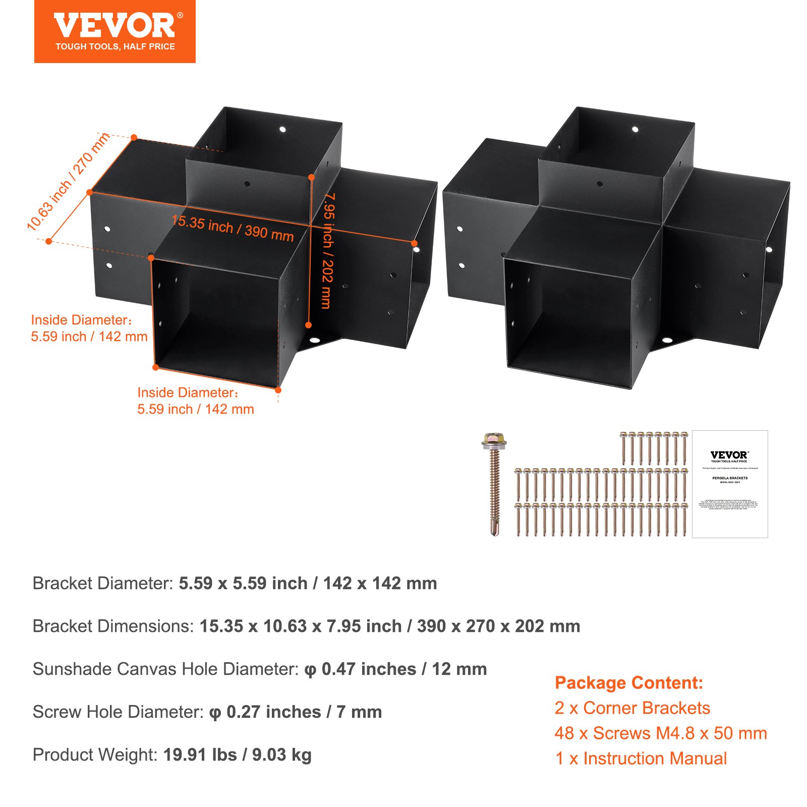VEVOR Pergola Bracket Kit 6''x6''(Inner Size 5.6x5.6), 2pcs 4-Way Heavy Duty Corner Bracket Woodworks DIY Post Base Kit, Easy Installation Wooden Beams for Gazebos, Patio Pergolas, Log Cabin Outdoor