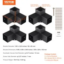 VEVOR Pergola Bracket Kit 4''x4'', 4pcs 3-Way Heavy Duty Corner Bracket Woodworks DIY Post Base Kit, Easy Installation Wooden Beams for Gazebos, Patio Pergolas, Log Cabin Outdoor Pergola Hardware
