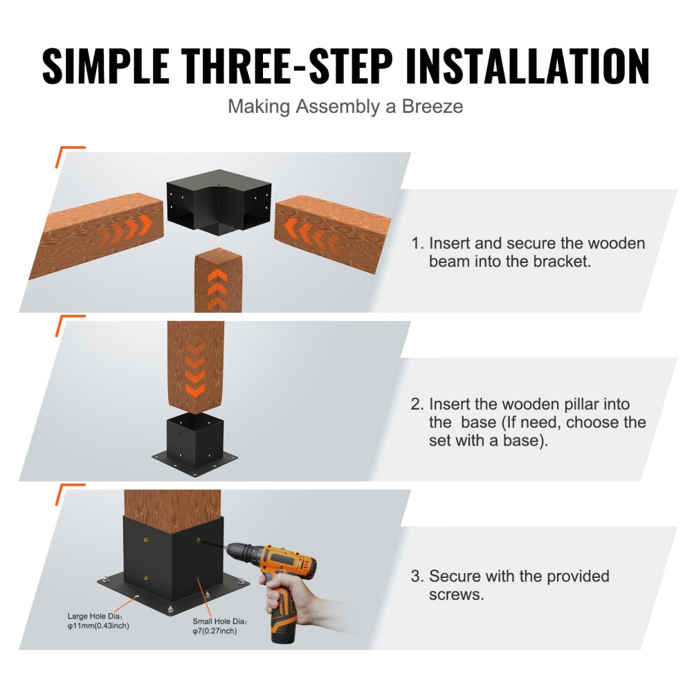 VEVOR Pergola Bracket Kit 6''x6''(Inner Size 5.6x5.6), 4pcs 3-Way Heavy Duty Corner Bracket Woodworks DIY Post Base Kit, Easy Installation Wooden Beams for Gazebos, Patio Pergolas, Log Cabin Outdoor