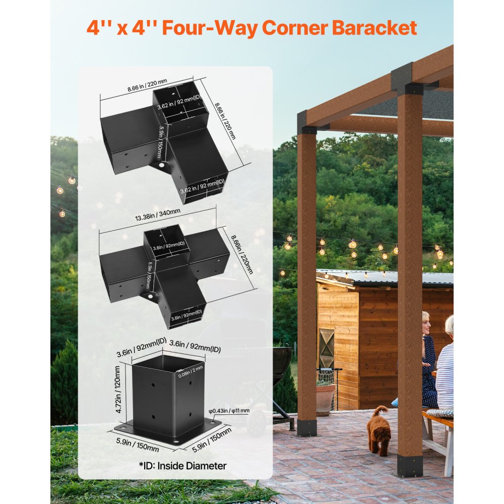 VEVOR Pergola Kit, 4x4 Inch Pergola Brackets for 3.5x3.5 Inch Wood Beams in Actual Dimension, 3-Way (4 Pcs) and 4-Way (2 Pcs) Gazebo Brackets with 6 Post Bases, for Outdoor Pergolas, Gazebos, Sheds
