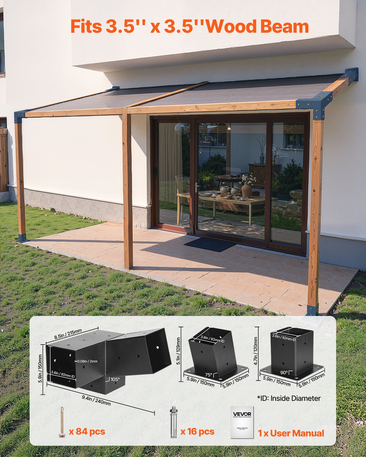 VEVOR Pergola Kit, 4x4 Inch 3-Way Slanted Brackets for 3.5x3.5 Inch Wood Beams in Actual Size, 2-Pack Pergola Brackets with 2 Post Bases and 2 Wall Mount Bases, for Outdoor Pergolas, Gazebos, Sheds