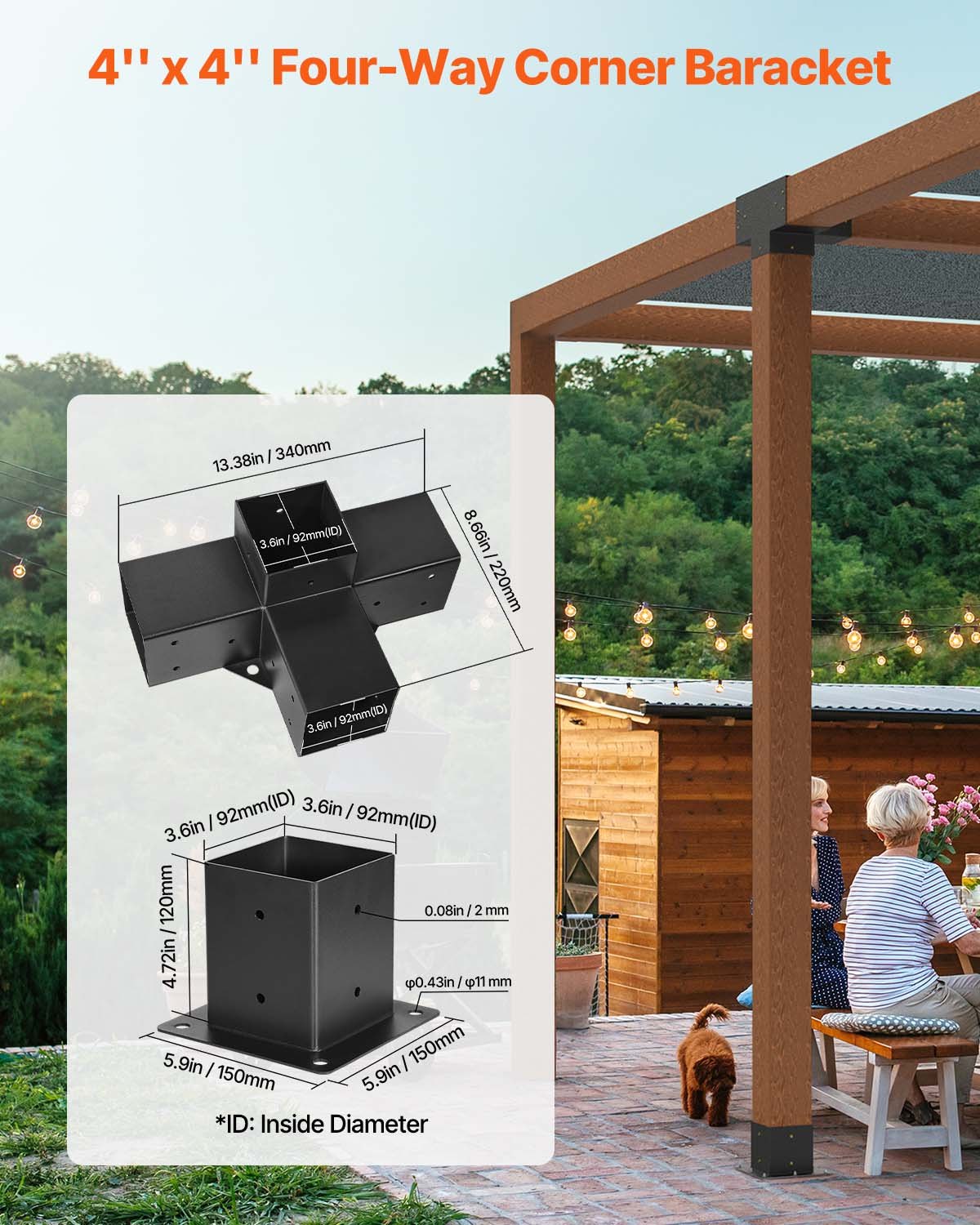 VEVOR Pergola Bracket Kit 4''x4''(Inner Size 3.6x3.6), 4pcs 4-Way Heavy Duty Corner Bracket Woodworks DIY Post Base Kit, Easy Installation Wooden Beams for Gazebos, Patio Pergolas, Log Cabin Outdoor