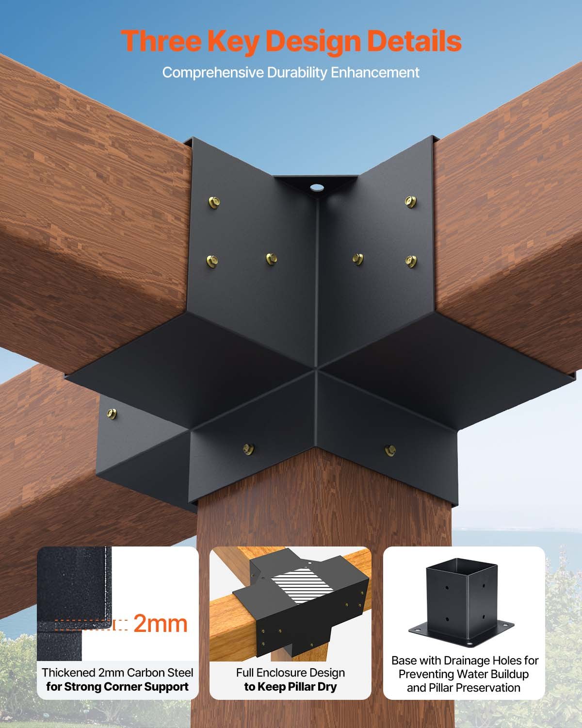 VEVOR Pergola Bracket Kit 4''x4''(Inner Size 3.6x3.6), 4pcs 4-Way Heavy Duty Corner Bracket Woodworks DIY Post Base Kit, Easy Installation Wooden Beams for Gazebos, Patio Pergolas, Log Cabin Outdoor