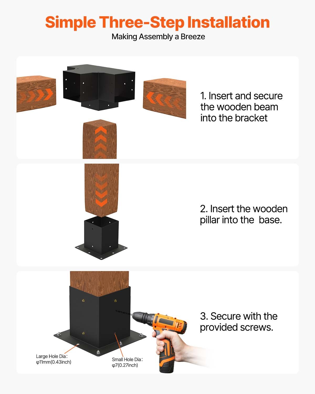 VEVOR Pergola Bracket Kit 4''x4''(Inner Size 3.6x3.6), 4pcs 4-Way Heavy Duty Corner Bracket Woodworks DIY Post Base Kit, Easy Installation Wooden Beams for Gazebos, Patio Pergolas, Log Cabin Outdoor