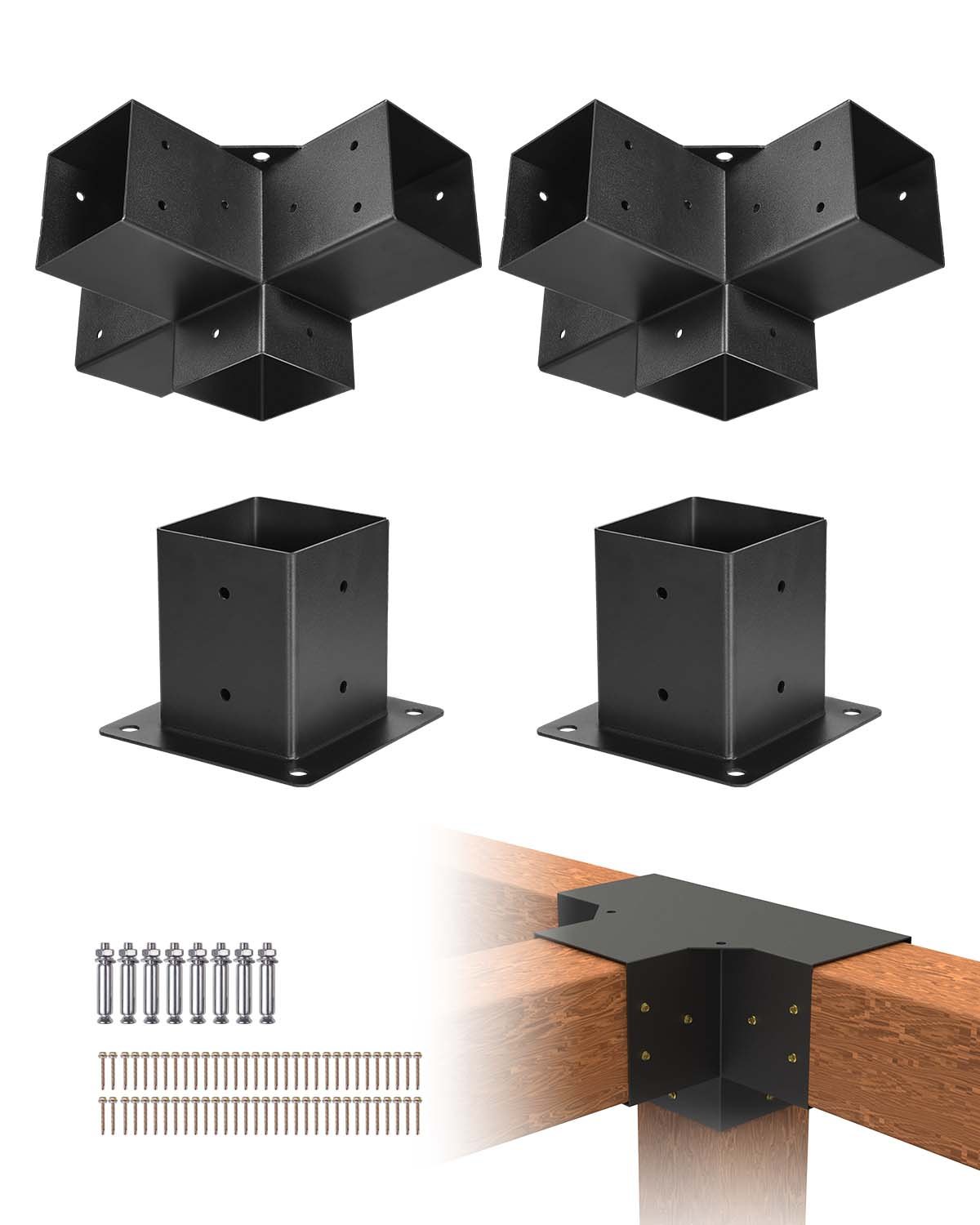 VEVOR Pergola Bracket Kit 4''x4''(Inner Size 3.6x3.6), 4pcs 4-Way Heavy Duty Corner Bracket Woodworks DIY Post Base Kit, Easy Installation Wooden Beams for Gazebos, Patio Pergolas, Log Cabin Outdoor