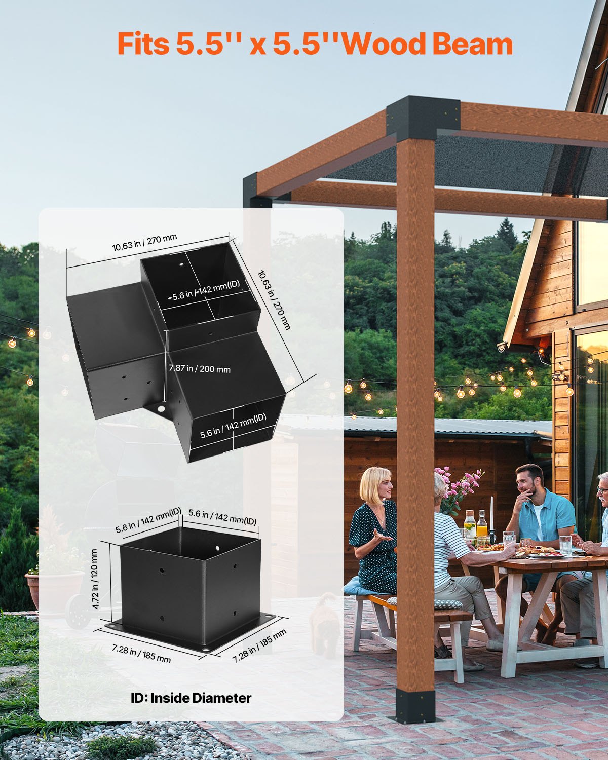 VEVOR Pergola Bracket Kit 6''x6''(Inner Size 5.6x5.6), 8pcs 3-Way Heavy Duty Corner Bracket Woodworks DIY Post Base Kit, Easy Installation Wooden Beams for Gazebos, Patio Pergolas, Log Cabin Outdoor