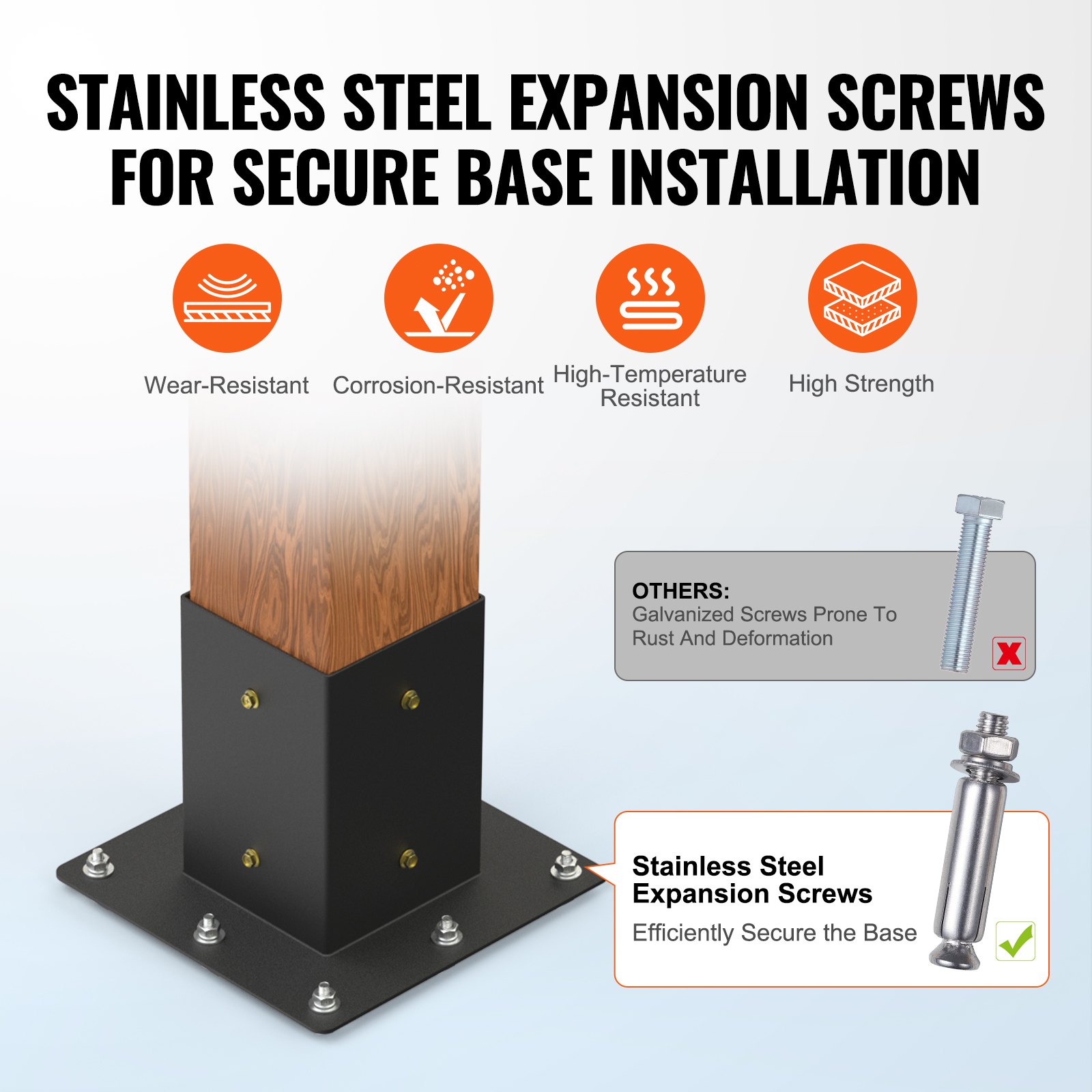 VEVOR pergola bracket kit with stainless steel expansion screws ensuring secure base installation.