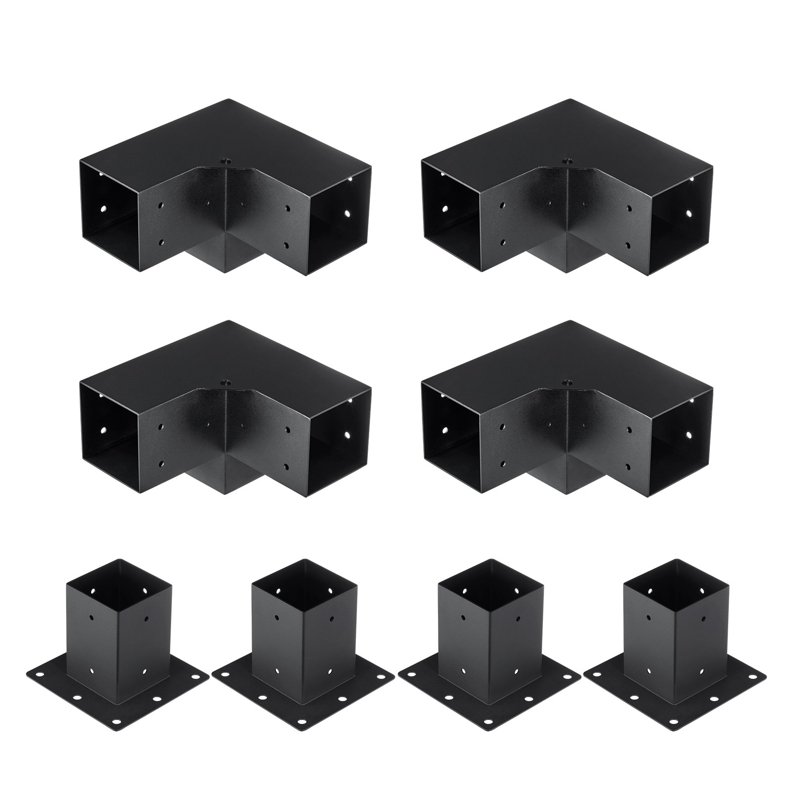 black VEVOR pergola bracket kit components, including corner brackets and base brackets on white background.