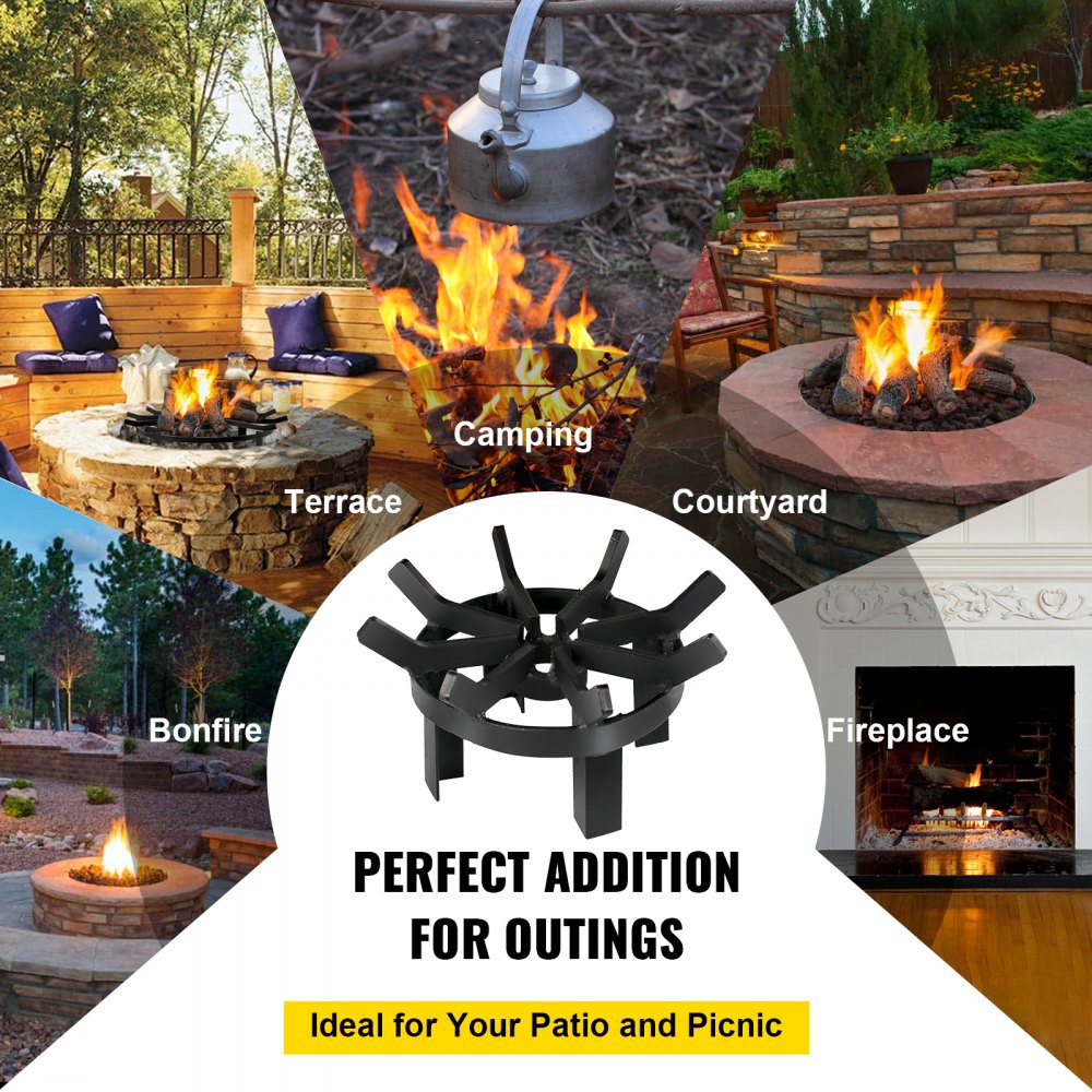 VEVOR 12in Fire Grate Log Grate ,Wagon Wheel Firewood Grates 8 Iron Bars, Fireplace Grates Burning Rack Holder 4 Legs for Indoor Chimney, Hearth Wood Stove and Outdoor Camping Fire Pit
