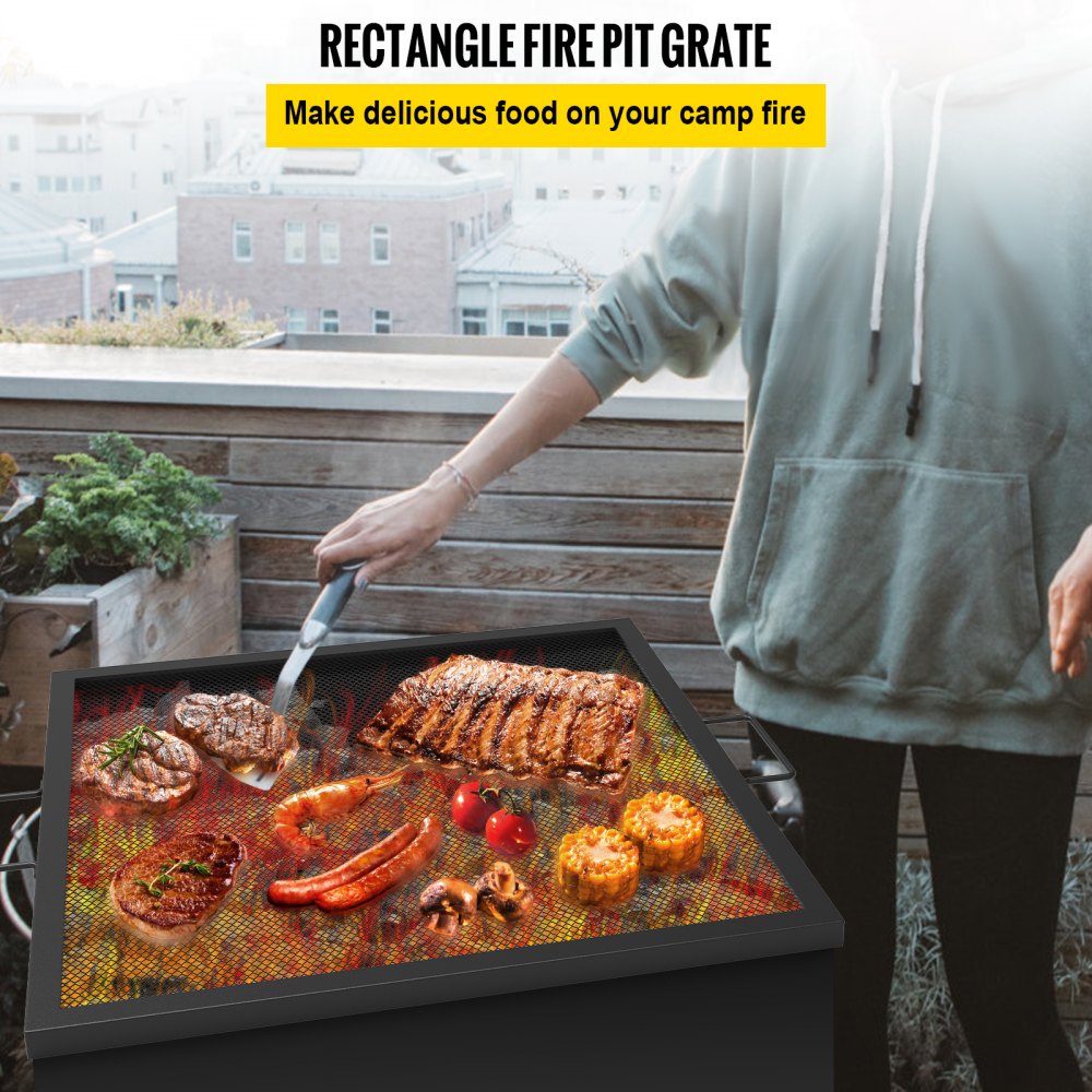 VEVOR Square Fire Pit Grate, 24 x 24 inch Fire Pit Grill Grate, X-Marks Square Grill Grate, Black Steel Fire Grate, Fire Pit Cooking Grate with Handles, Fire Grill Grate for Fire Pit, Campfire