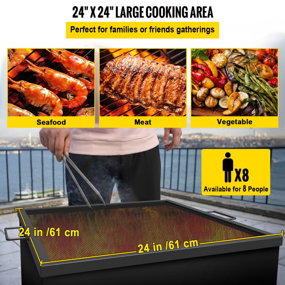VEVOR Square Fire Pit Grate, 24 x 24 inch Fire Pit Grill Grate, X-Marks Square Grill Grate, Black Steel Fire Grate, Fire Pit Cooking Grate with Handles, Fire Grill Grate for Fire Pit, Campfire