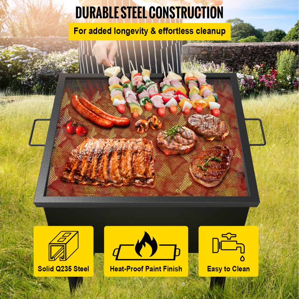 VEVOR Rejilla cuadrada para hoguera, 36.1 x 36.1 in, parrilla cuadrada X-Marks, rejilla de acero negro, parrilla para cocinar con asas, parrilla para hoguera, fogata