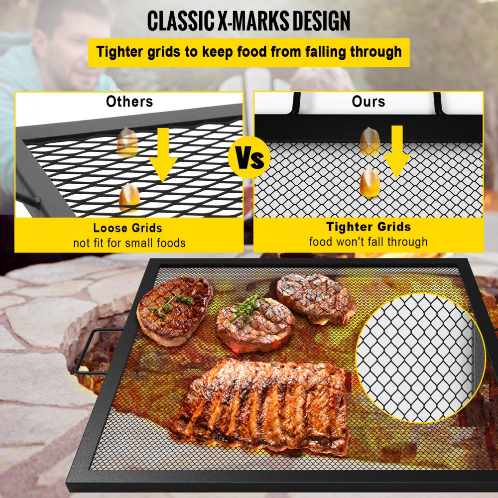 VEVOR Square Fire Pit Grate, 40 x 40 inch Fire Pit Grill Grate, X-Marks Square Grill Grate, Black Steel Fire Grate, Fire Pit Cooking Grate with Handles, Fire Grill Grate for Fire Pit, Campfire