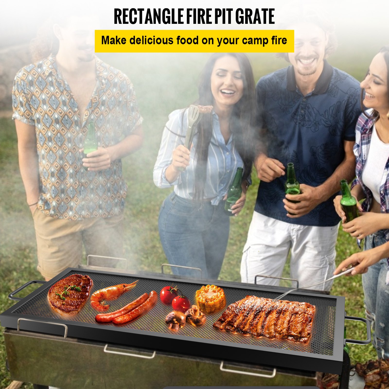 VEVOR Rectangle Fire Pit Grate, X-Marks Rectangle Grill Grate, Black Steel Fire Grate, Fire Pit Cooking Grate with Handles, Fire Grill Grate for Fire Pit, (36 x 15-inch)