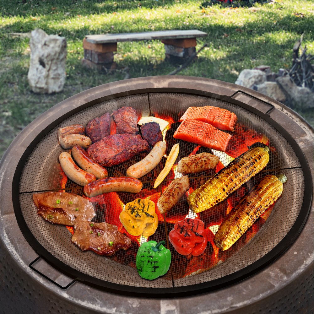 VEVOR Rejilla redonda para hoguera, parrilla para hoguera de 25 pulgadas de diámetro, parrilla redonda X-Marks, rejilla para fuego de acero negro, parrilla para cocinar con asas, parrilla para hoguera al aire libre, fogata