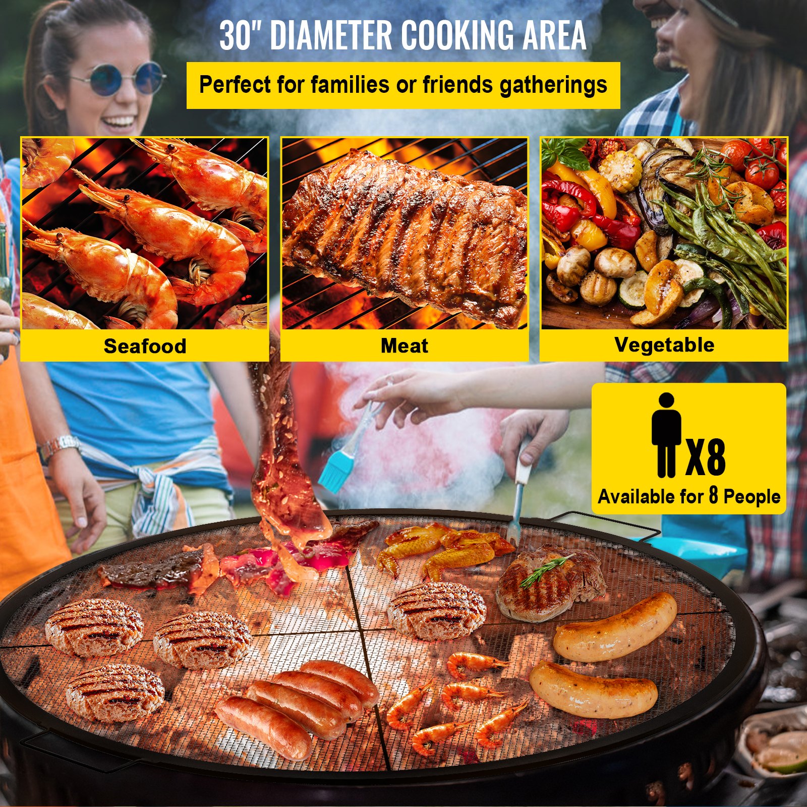 VEVOR Rejilla redonda para hoguera, parrilla para hoguera de 25 pulgadas de diámetro, parrilla redonda X-Marks, rejilla para fuego de acero negro, parrilla para cocinar con asas, parrilla para hoguera al aire libre, fogata