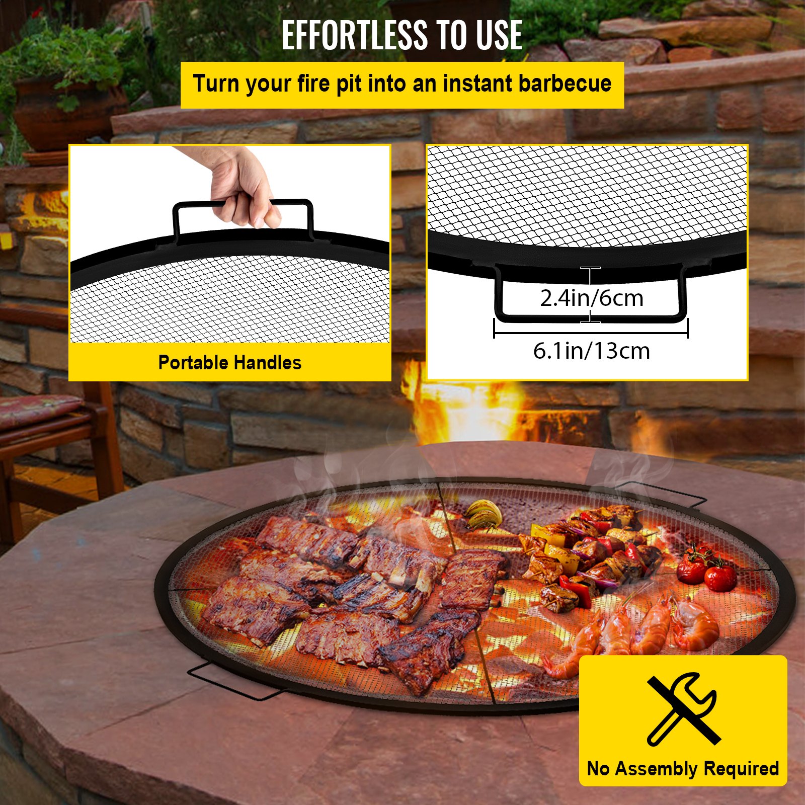 VEVOR Rejilla redonda para hoguera, parrilla para hoguera de 25 pulgadas de diámetro, parrilla redonda X-Marks, rejilla para fuego de acero negro, parrilla para cocinar con asas, parrilla para hoguera al aire libre, fogata