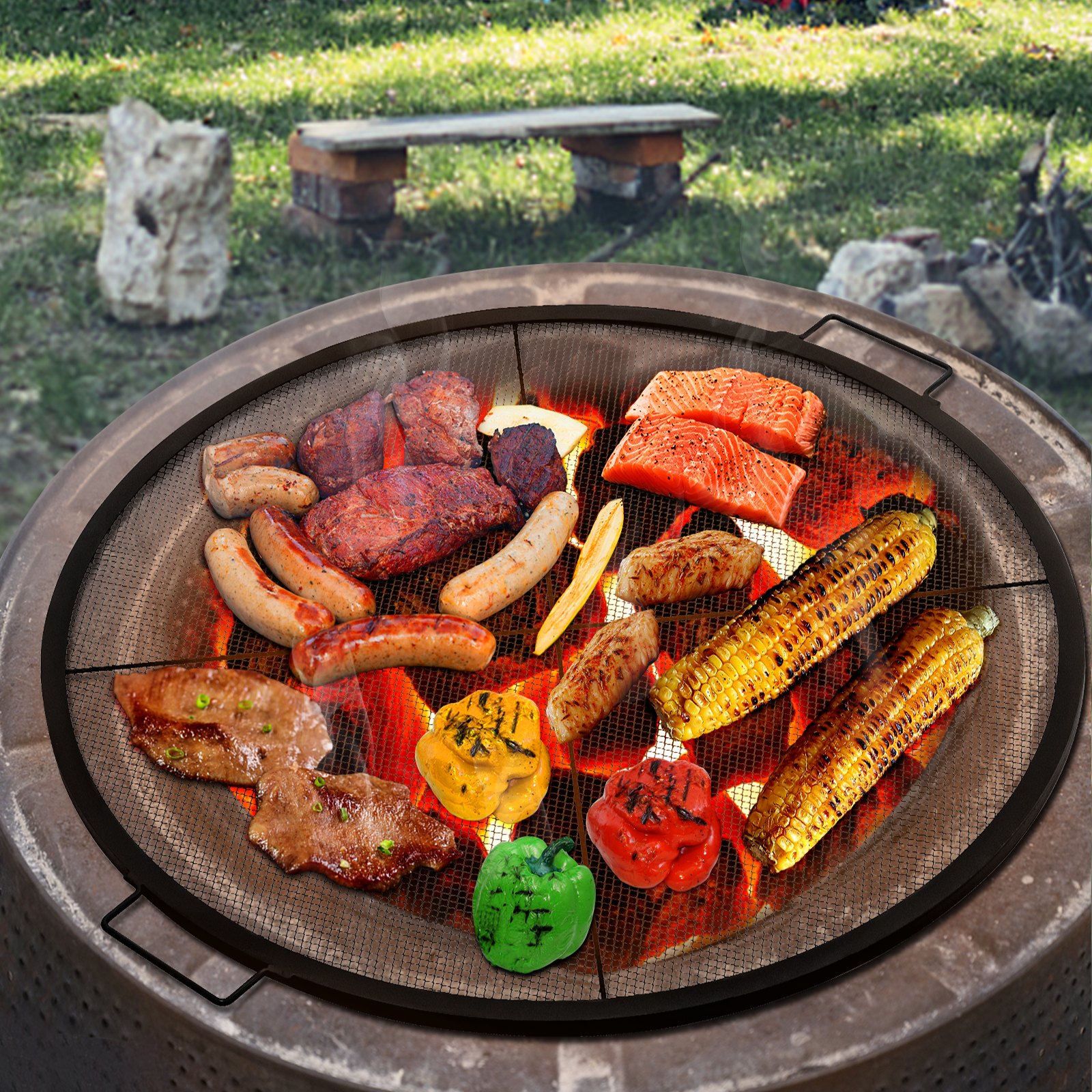 VEVOR Rejilla redonda para hoguera, parrilla para hoguera de 25 pulgadas de diámetro, parrilla redonda X-Marks, rejilla para fuego de acero negro, parrilla para cocinar con asas, parrilla para hoguera al aire libre, fogata