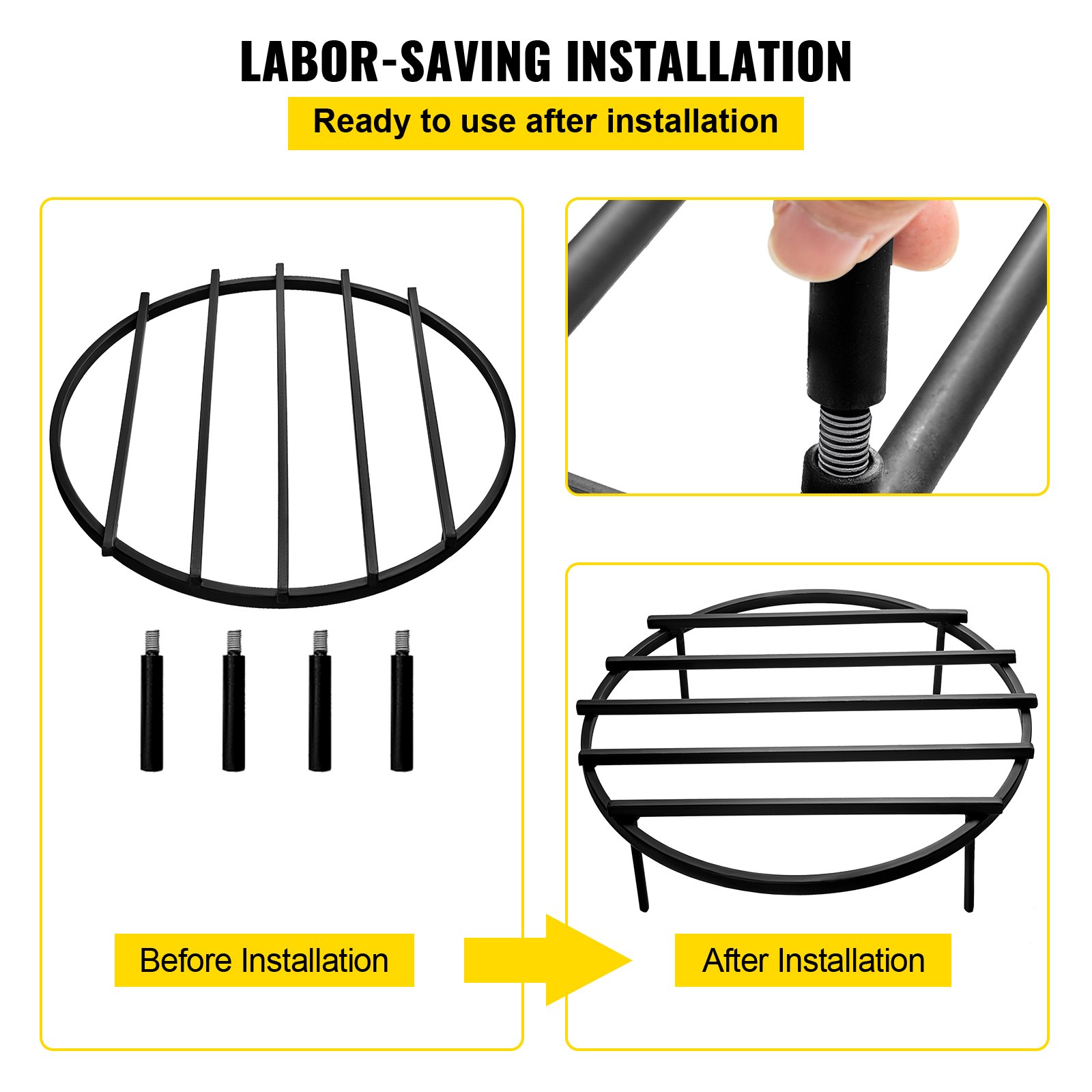 VEVOR Fire Pit Grate, Heavy Duty Iron Round Firewood Grate, Round Wood Fire Pit Grate 24", Firepit Grate with Black Paint, Fire Grate with 4 Removable Legs for Burning Fireplace and Firepits