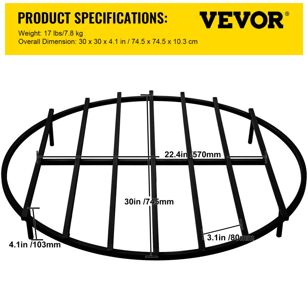 VEVOR Fire Pit Grate, Heavy Duty Iron Round Firewood Grate, Round Wood Fire Pit Grate 30", Firepit Grate with Black Paint, Fire Grate with 5 Removable Legs for Burning Fireplace and Firepits