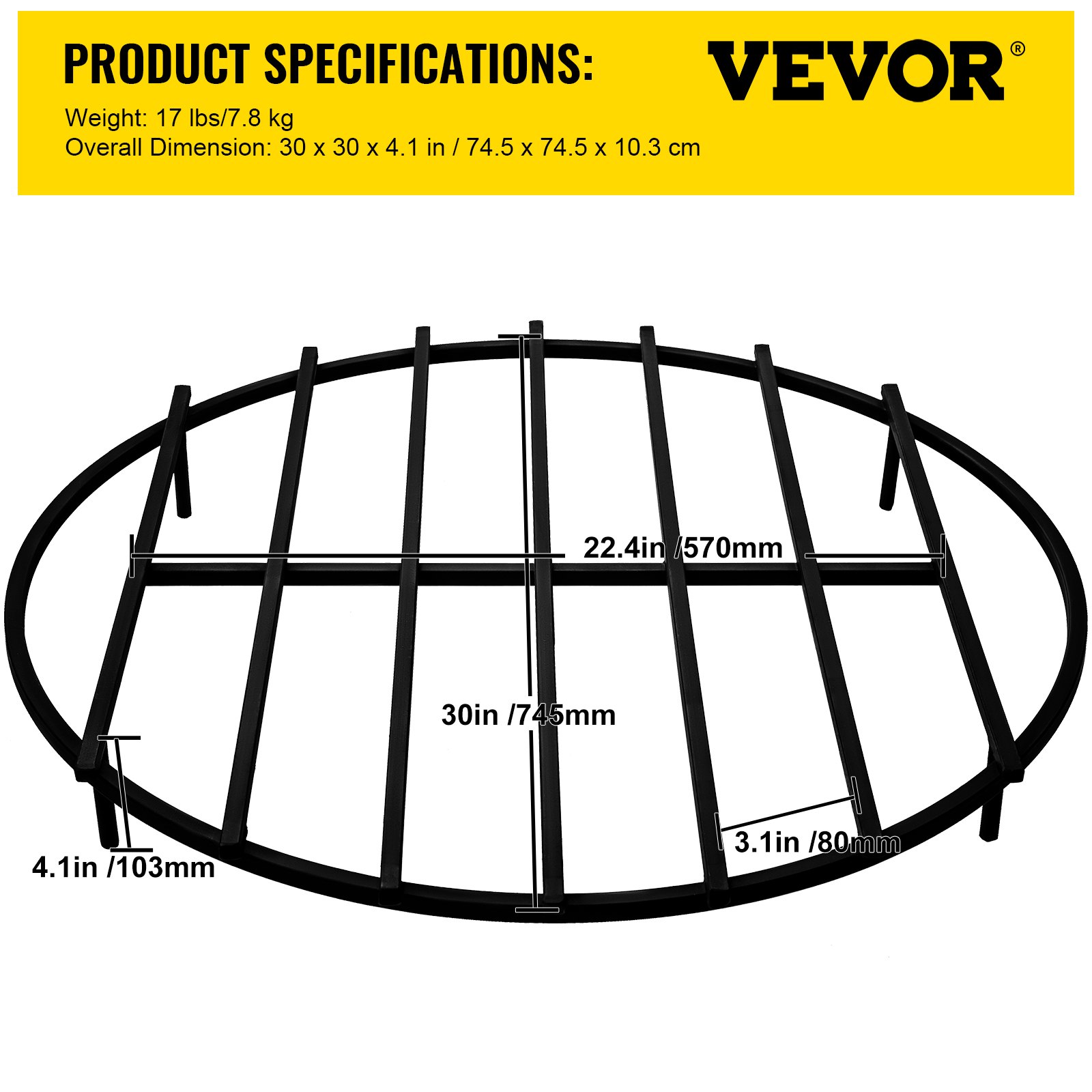 VEVOR Fire Pit Grate, Heavy Duty Iron Round Firewood Grate, Round Wood Fire Pit Grate 30", Firepit Grate with Black Paint, Fire Grate with 5 Removable Legs for Burning Fireplace and Firepits