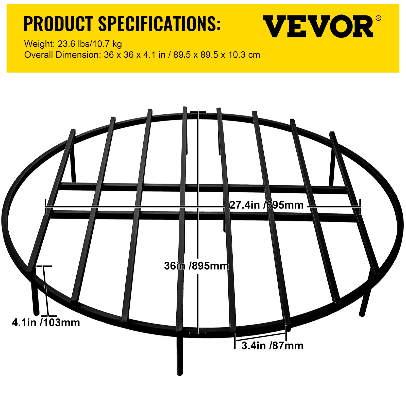VEVOR Fire Pit Grate Round Firewood Grate 91cm Grate for Fire Pit Heavy Steel