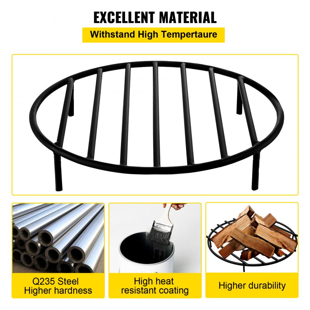 VEVOR Rejilla para hoguera, rejilla redonda de hierro resistente para leña, rejilla redonda de madera para hoguera de 19 pulgadas, rejilla para hoguera con pintura negra, rejilla para fuego con 4 patas redondas extraíbles para quemar chimeneas y hogueras