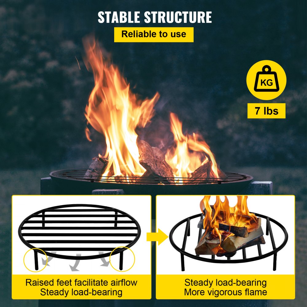VEVOR Rejilla para hoguera, rejilla redonda de hierro resistente para leña, rejilla redonda de madera para hoguera de 19 pulgadas, rejilla para hoguera con pintura negra, rejilla para fuego con 4 patas redondas extraíbles para quemar chimeneas y hogueras
