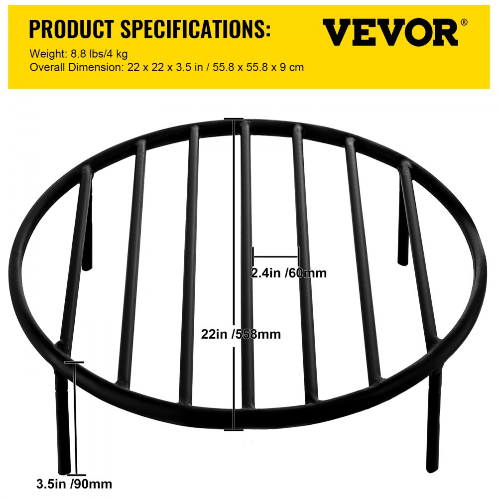VEVOR Fire Pit Grate, Heavy Duty Iron Round Firewood Grate, Round Wood Fire Pit Grate 22", Firepit Grate with Black Paint, Fire Grate with 4 Removable Round Legs for Burning Fireplace and Firepits