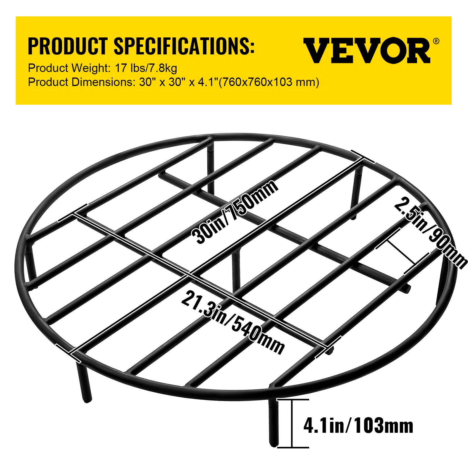 VEVOR Fire Pit Grate, Heavy Duty Iron Round Firewood Grate, Round Wood Fire Pit Grate 30", Firepit Grate with Black Paint, Fire Grate with 7 Removable Round Legs for Burning Fireplace and Firepits