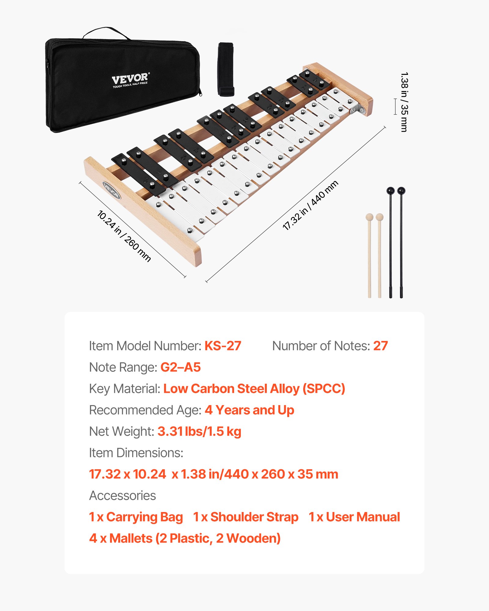 VEVOR Glockenspiel Xylophone, 27 Notes, Professional Xylophone Percussion Instrument, with Metal Keys, Includes 4 Mallets, Carrying Bag, Beginner Musical Instrument for Adults and Kids Music Teaching