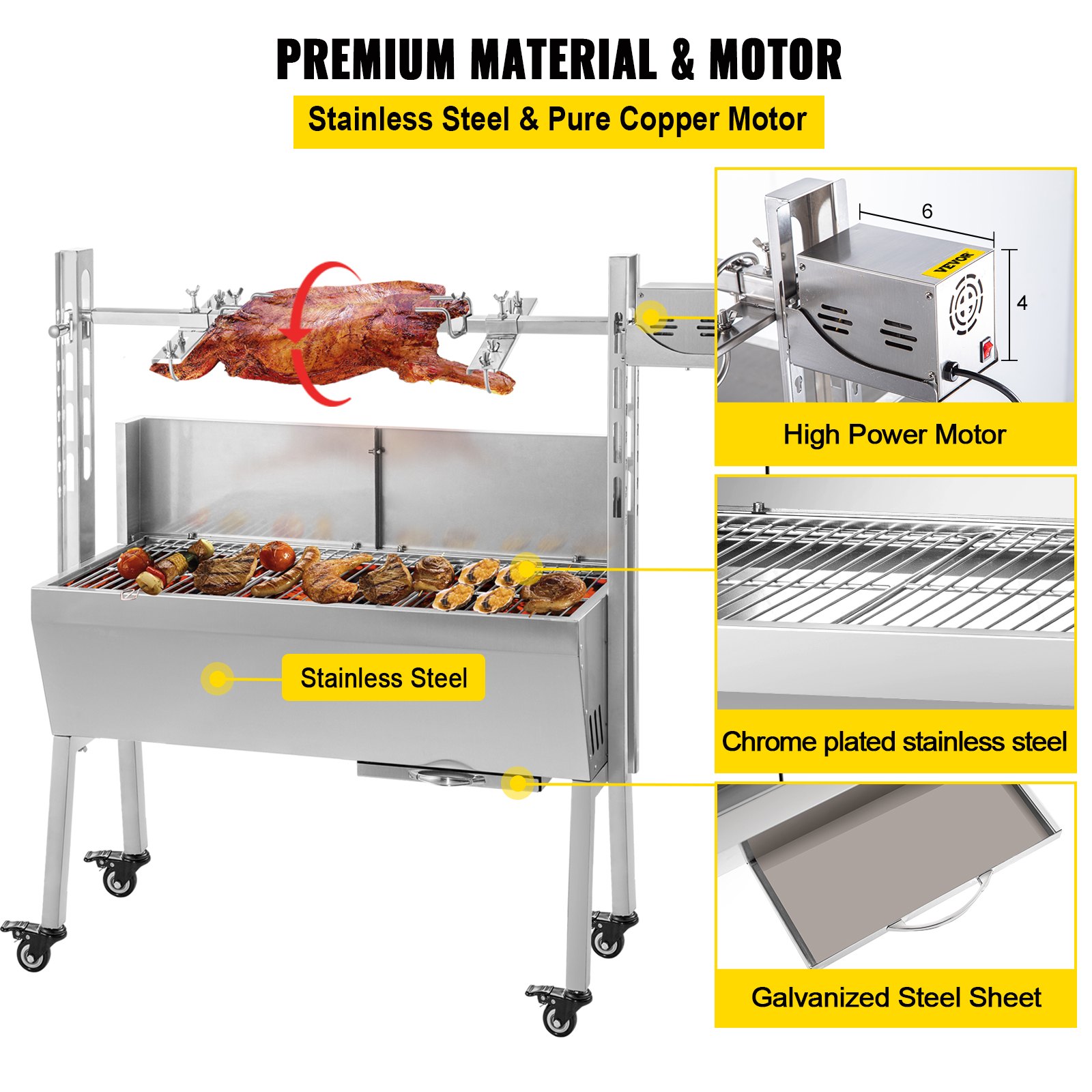 VEVOR Rotisserie Grill 60 KG/132 LBS BBQ Rotisserie Grill Roaster with Baffle Charcoal Spit Roast Machine 25W Charcoal Bearing Lamb Spit Roaster Hog Roasting Machine For Outdoor Picnic Camping