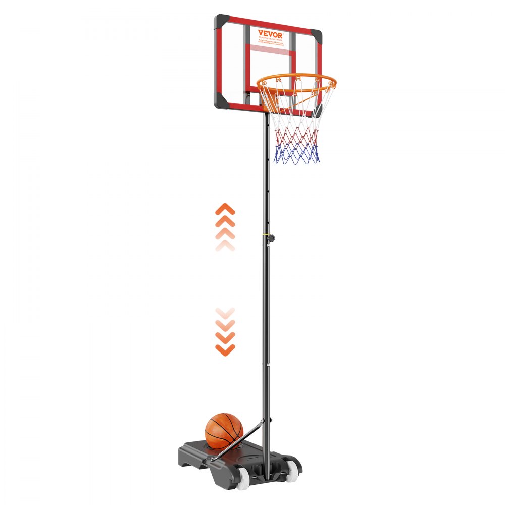 adjustable VEVOR basketball hoop with a portable base and basketball, shown with height adjustment arrows.