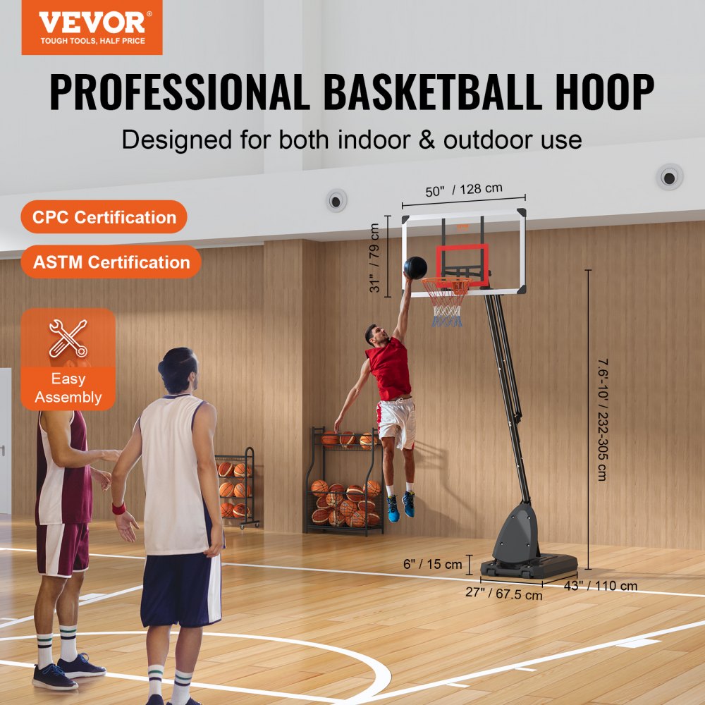 Aro de baloncesto VEVOR, sistema de tablero portátil ajustable de 2,3 a 3 m, aro y portería de 127 cm, juego de baloncesto para niños y adultos con ruedas, soporte y base rellenable, para exterior/interior.
