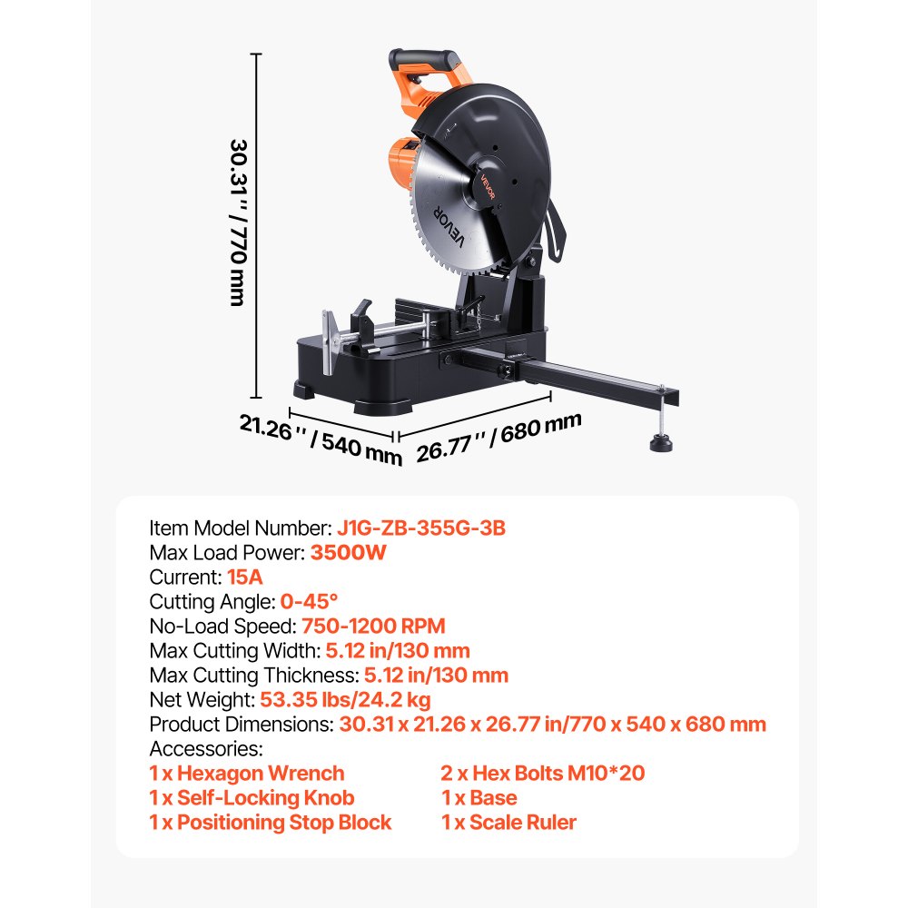 VEVOR Chop Saw, 14-inch Stainless Steel Cold Cut Blade, 3500 W Powerful Brushless Motor, 750-1200 r/min Adjustable Speed, Metal Cutting Chop Saw for Metal Square and Flat Tubes, Steels (240V/60HZ)