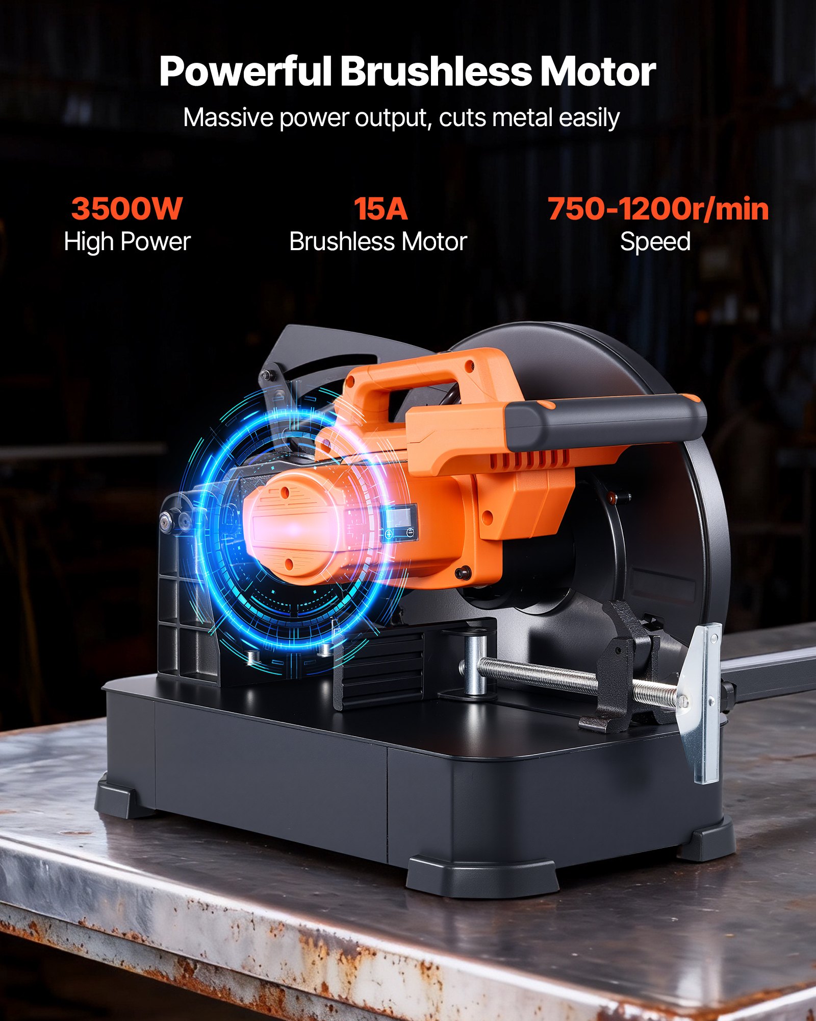 VEVOR Chop Saw, 355 mm Stainless Steel Cold Cut Blade, 3500 W Powerful Brushless Motor, 750-1200 r/min Adjustable Speed, Metal Cutting Chop Saw for Metal Square and Flat Tubes, I-Shaped Steels